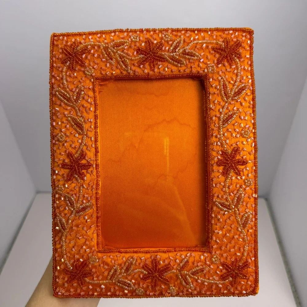 Vintage Boho Beaded Floral Home Decor Picture Frame Orange Satin